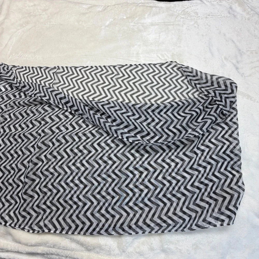 Black White Chevron Print Sheer Kimono Wrap Open Front Chiffon Shawl Coverup